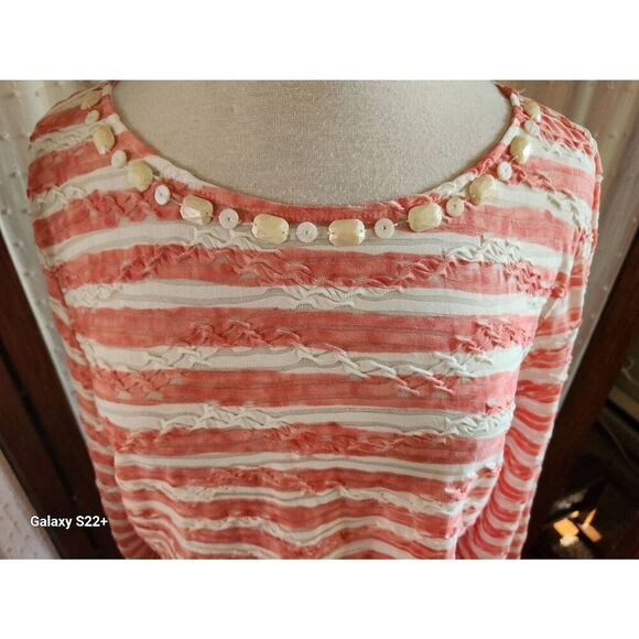 +6 Ruby Rd coral and cream stripe top. Beads around neckline and tie at one side - Picture 3 of 11